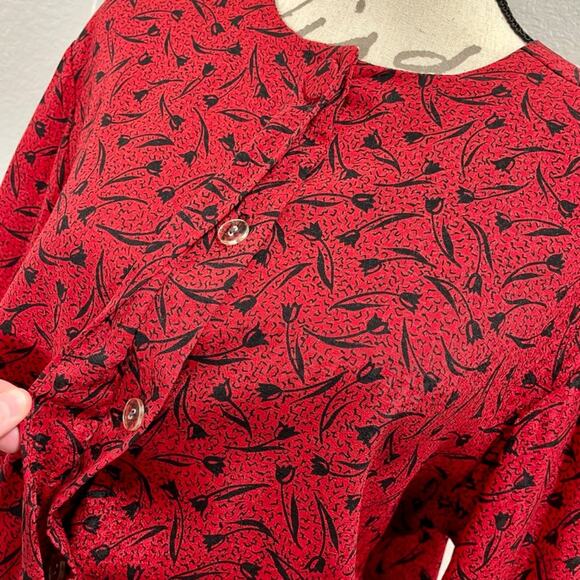 Vintage 1980s Red & Black Handmade Chiffon Blouson Secretary Dress Size 8 Medium - Picture 10 of 11